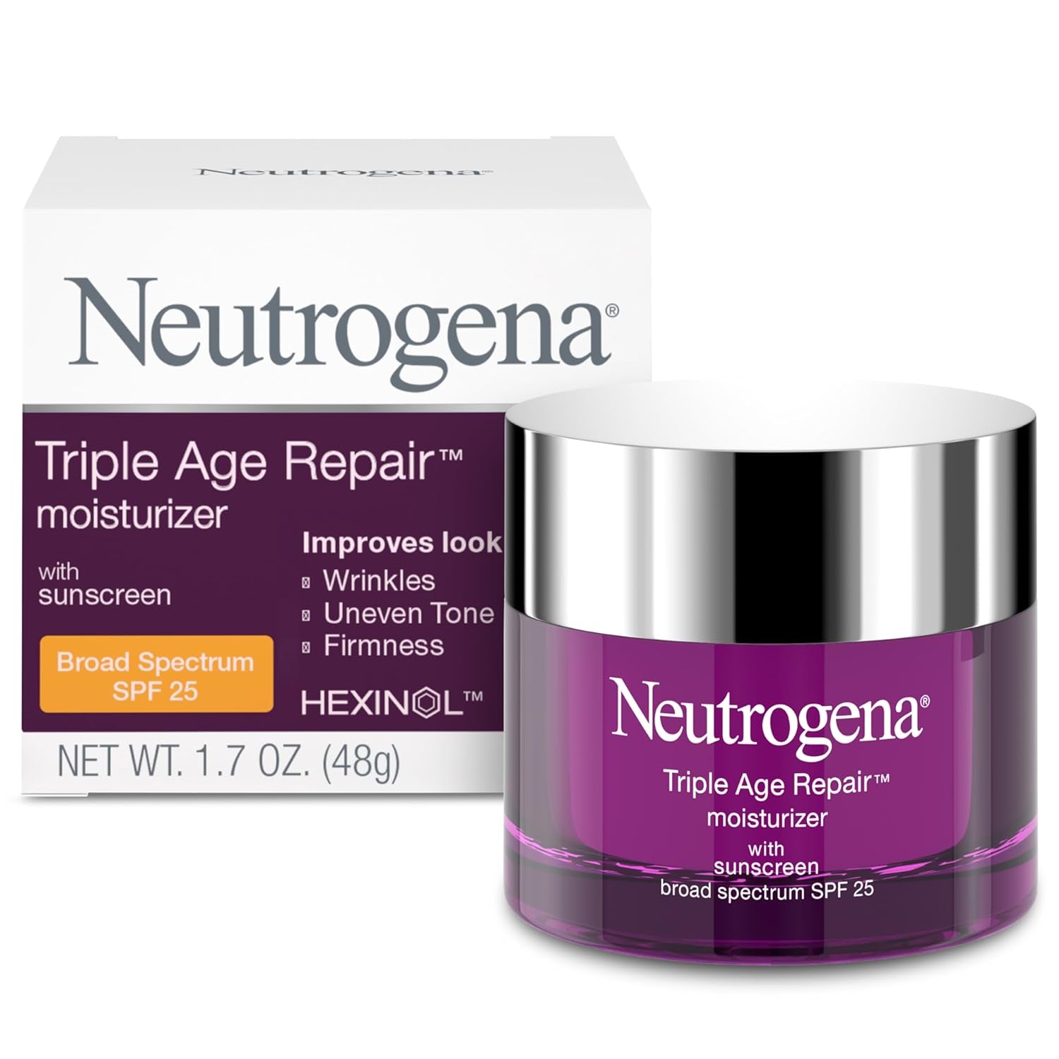Triple Age Repair Anti-Aging Daily Facial Moisturizer with SPF 25 Sunscreen & Vitamin C, Firming Anti-Wrinkle Face & Neck Cream for Dark Spots, Glycerin & Shea Butter, 1.7 Oz