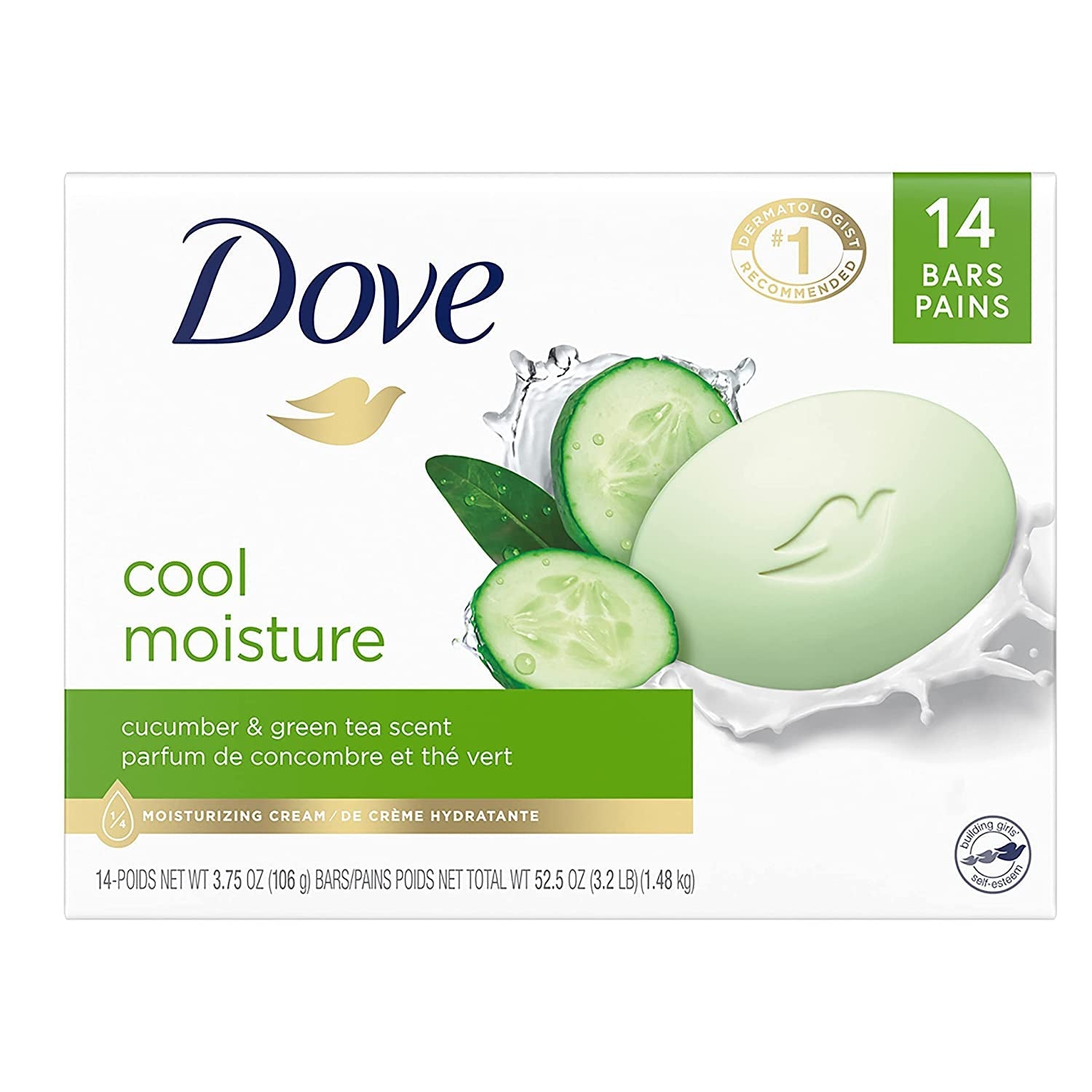 Skin Care Beauty Bar for Softer Skin Cucumber and Green Tea More Moisturizing than Bar Soap 3.75 Oz, 14 Bars