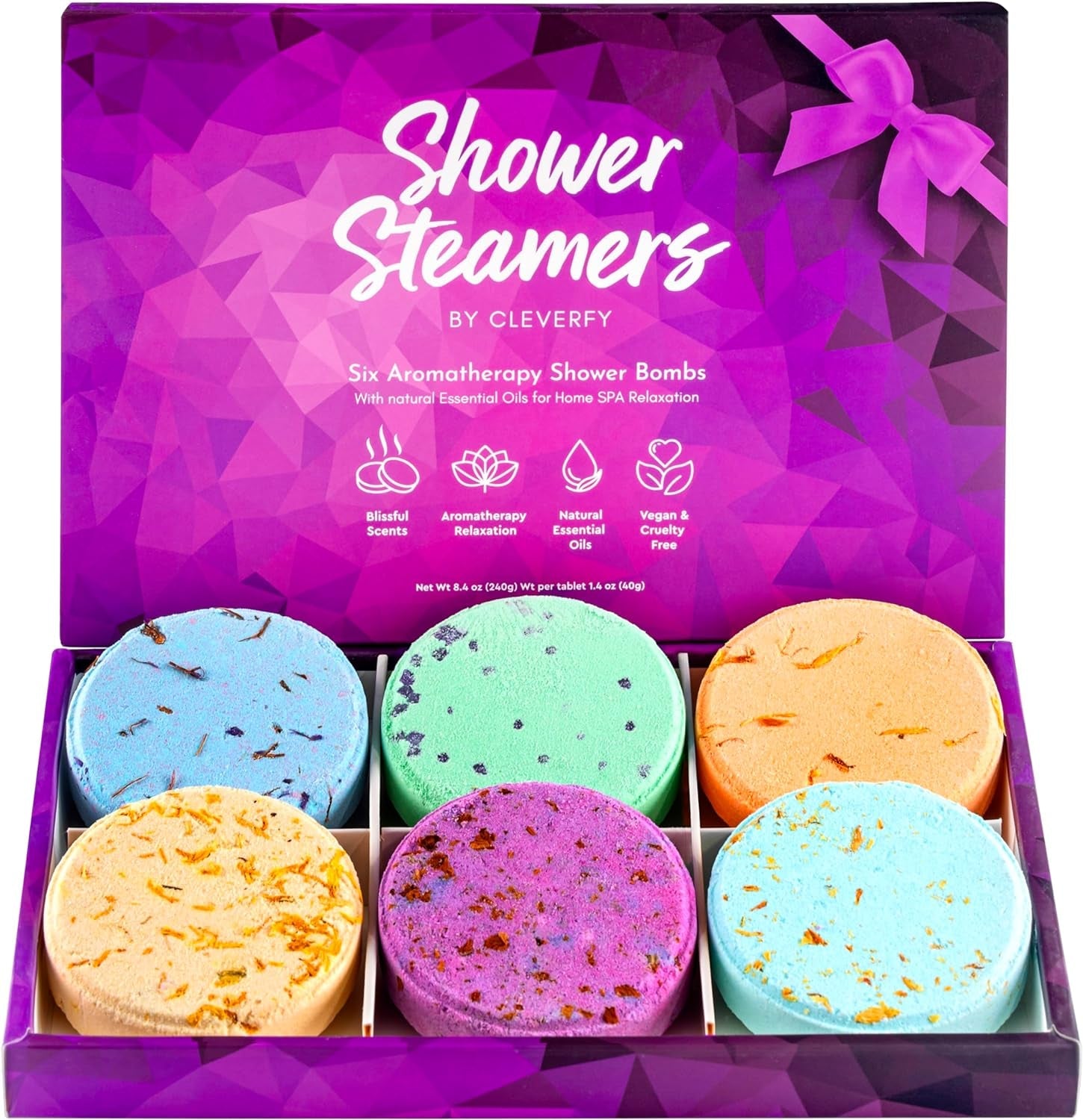 Shower Steamers Aromatherapy - Variety Pack of 6 Shower Bombs with Essential Oils. Self Care Birthday Gifts for Women and Valentines Day Gifts for Her and Him. Purple Set