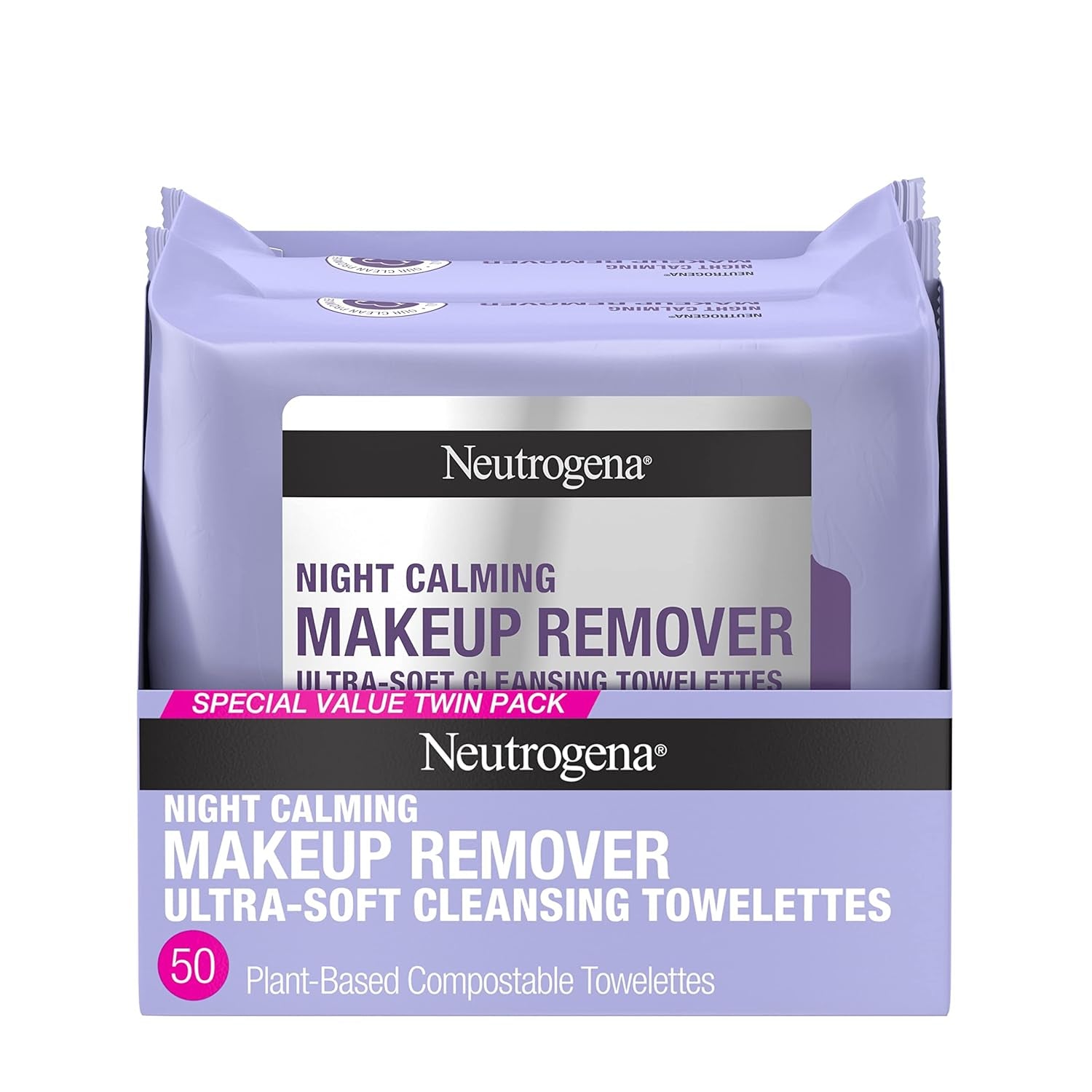 Makeup Remover Night Calming Cleansing Towelettes, Disposable Nighttime Face Wipes to Remove Dirt, Oil & Makeup, 25 Ct, Twin Pack