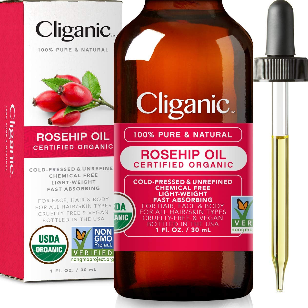 USDA Organic Rosehip Seed Oil for Face, 100% Pure | Natural Cold Pressed Unrefined Non-Gmo | Carrier Oil for Skin, Hair & Nails