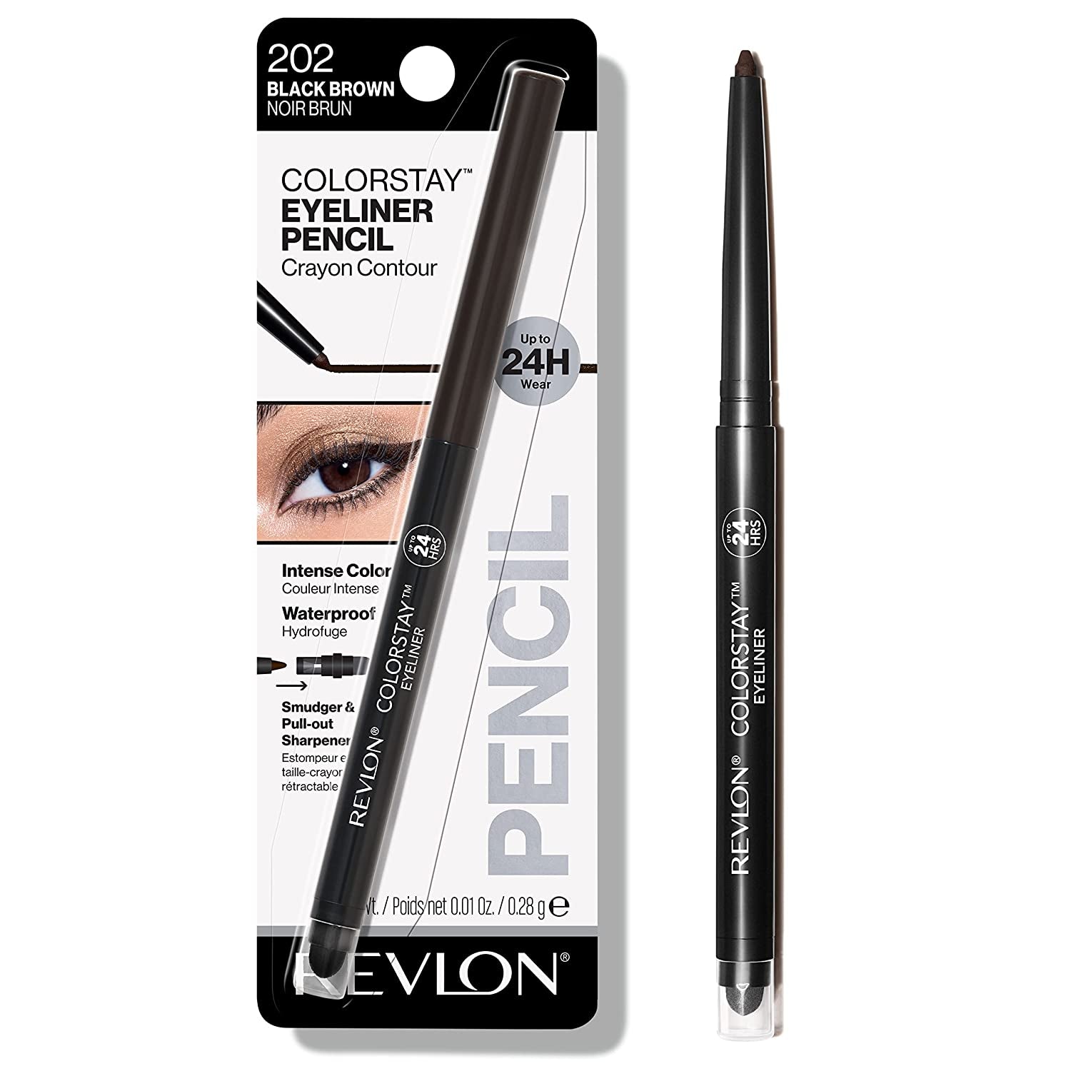 Pencil Eyeliner, Colorstay Eye Makeup with Built-In Sharpener, Waterproof, Smudge-Proof, Longwearing with Ultra-Fine Tip, 202 Black Brown, 0.01 Oz